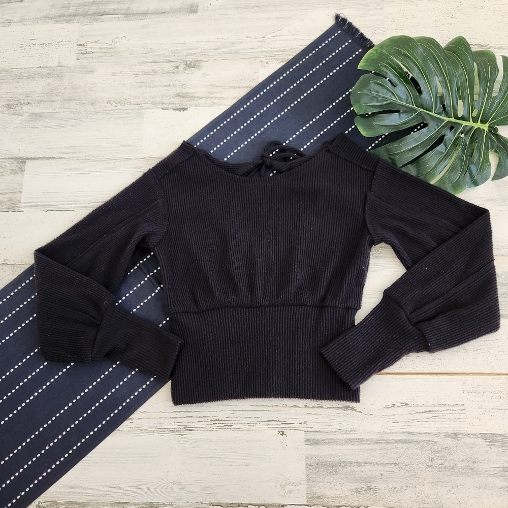 Anthropologie Maeve Puff Sleeve Open Tie Back Ribbed Blouse Black XS